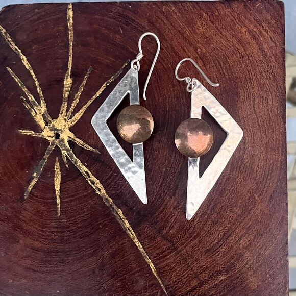 Mixed Metal Triangle Earrings Sterling Silver Copper Industrial jewelry - Picture 1 of 10